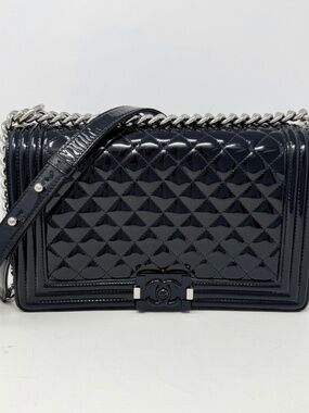Chanel Black Patent Quilted Boy Bag